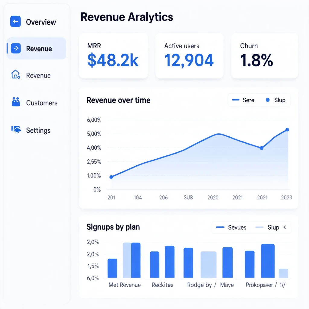 A revenue analytics dashboard with a sidebar, three KPI cards showing exact numbers, and two charts