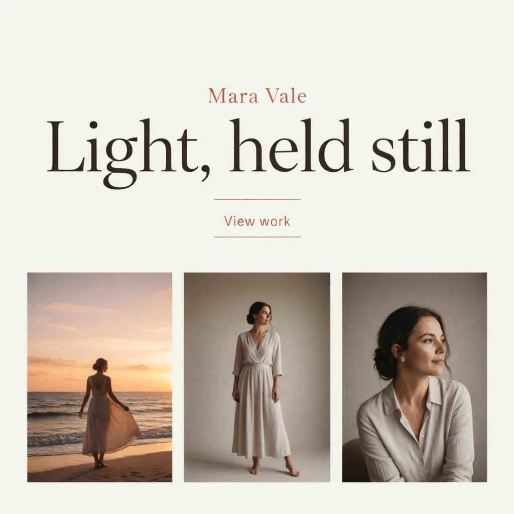 A warm editorial photographer portfolio with a cream background, serif display headline, and a three-photo grid