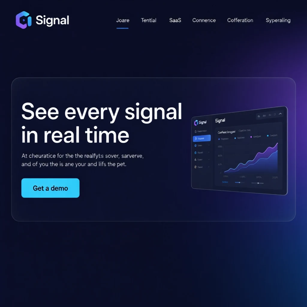 A dark glassmorphism SaaS landing page for a product called Signal with frosted cards and a floating dashboard preview